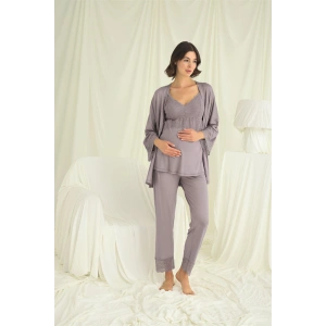 Dantelli Hamile Lohusa 3lü Pijama Takımı