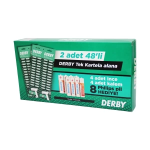Derby Tek Bıçak Kartelalı Jilet 96 Parça 4 Kalem 4 İnce Pil Hediyeli