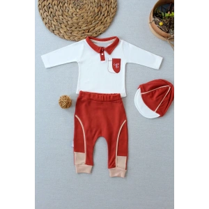 Efendi Nakışlı Cep Şapkalı Uzun Kollu Sweat 3lü Erkek Bebek Takımı Kiremit