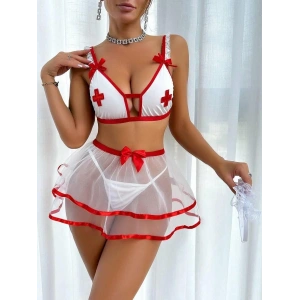 Fantezi Beyaz Tül Etekli Seksi Hemşire Kostümü