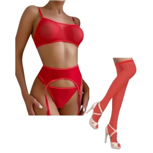 Fantezi Kırmızı Transparan Tül Jartiyer Takımı