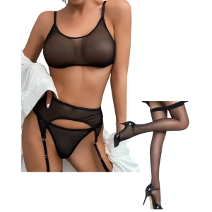 Fantezi Siyah Transparan Tül Jartiyer Takımı