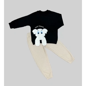 Filli Sallanan Ayak Desenli Likra Penye Kumaş Sweat Pantolonlu Kız Erkek 2li Çocuk Takımı Siyah