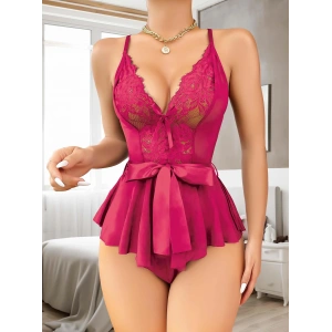 Fuşya Dantel İşlemeli Kurdelalı Fantezi Tül Babydoll