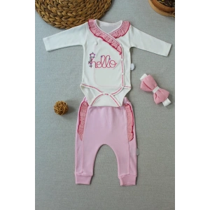 Hello Nakışlı Kruvaze Bandanalı Uzun Kollu Zıbınlı 3lü Kız Bebek Takımı Pembe
