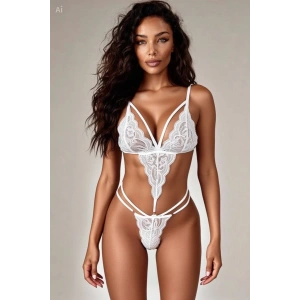 Kadın Beyaz Cut-out Detaylı Dantel Dokulu Premium Fantezi Body