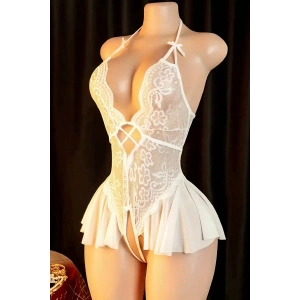 Kadın Beyaz Dantel Ve Tül Detaylı Derin V Yaka Teddy Gecelik