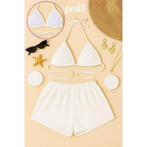 Kadın Beyaz Şortlu Belden Ve Boyundan Bağlamalı Bikini Takımı