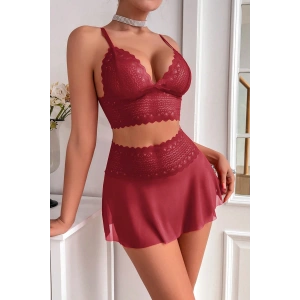 Kadın Bordo Dantel Ve Tül Detaylı Etekli Şık Gecelik Takımı