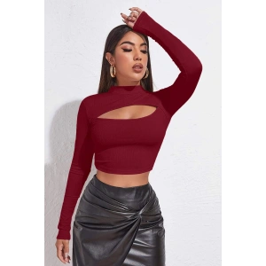 Kadın Bordo Göğüs Dekolteli Uzun Kollu Cut Out Crop Top Bluz