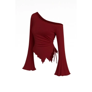 Kadın Bordo Uzun İspanyol Kollu Asimetirik Yaka Yandan Bağlamalı Drapeli Bluz