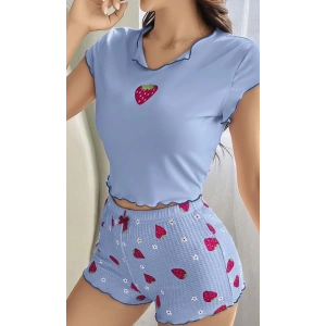 Kadın Çilek Desenli Bebe Mavi Seksi Gecelik Takım 6638