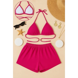 Kadın Fuşya Şortlu Belden Ve Boyundan Bağlamalı Bikini Takımı