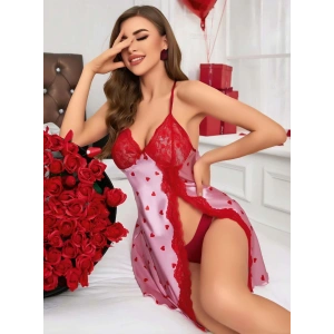 Kadın Kırmızı Kalp Desenli Saten Gecelik 2220