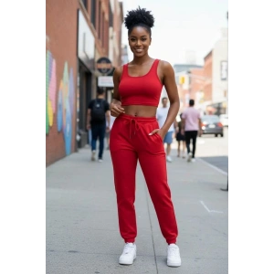 Kadın Kırmızı Premium Görünümlü Kaşkorse Cepli Jogger Eşofman Altı Ve Crop Top Bluz Takımı