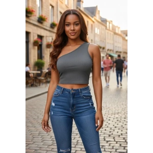 Kadın Koyu Gri Fit Görünümlü Tek Omuz Crop Top Büstiyer