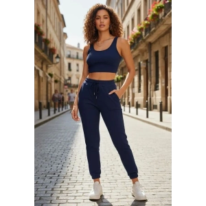 Kadın Laciver Premium Görünümlü Kaşkorse Cepli Jogger Eşofman Altı Ve Crop Top Bluz Takımı