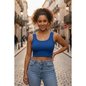 Kadın Lacivert Modern Fit Kare Yaka Crop Top Bluz