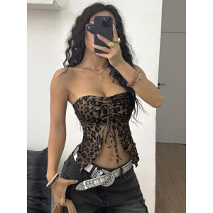 Kadın Leopar Desenli Crop Önden Büzgü Detaylı 5096