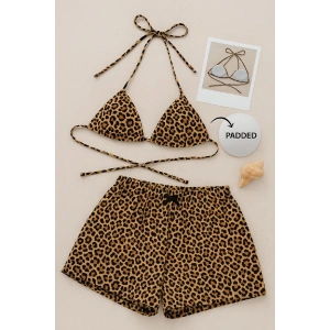 Kadın Leopar Desenli Şortlu Belden Ve Boyundan Bağlamalı Bikini Takımı