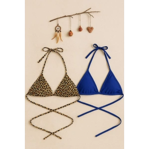 Kadın Leopar Desenli Ve Mavi Minimal Kesim Üçgen Bikini Üstü