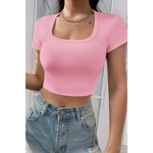 Kadın Pembe Yarım Kol Düz Yaka Crop Top Bluz