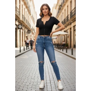 Kadın Siyah Çift Fermuarlı Modern Yarım Kol Crop Top Bluz