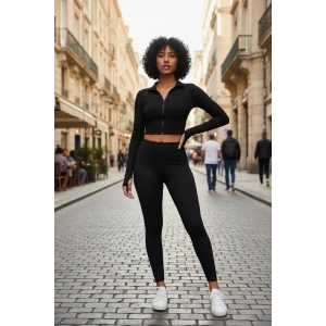 Kadın Siyah Dik Yaka Fermuarlı Uzun Kollu Parmak Geçmeli Crop Top Spor Bluz