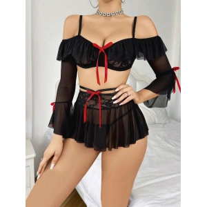 Kadın Siyah Etek Bustiyer Sexy Gecelik Takım 3831