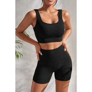 Kadın Siyah Kalın Askılı Yüksek Bel Şortlu Gecelik Takımı