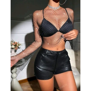 Kadın Siyah Kristal Taşlı File Crop