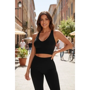 Kadın Siyah Modern Fit Derin Göğüs Dekolteli Şık Crop Top Bluz