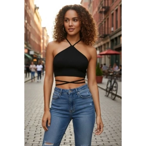 Kadın Siyah Modern Fit Sırtı Açık Boyundan Çapraz Bağlamalı Crop Top Bluz