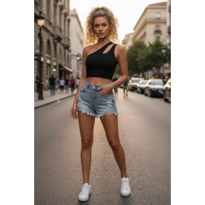 Kadın Siyah Modern Fit Tek Omuz Cut Out Detaylı Crop Top Bluz
