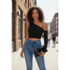 Kadın Siyah Modern Fit Tek Omuz Detaylı Uzun Kol Crop Top Bluz