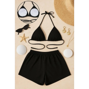 Kadın Siyah Şortlu Belden Ve Boyundan Bağlamalı Bikini Takımı