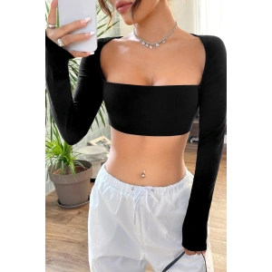 Kadın Siyah Uzun Kol Göğüs Ve Sırt Dekolteli Crop Top Bluz