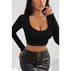 Kadın Siyah Uzun Kol Kare Yaka Crop Top Bluz
