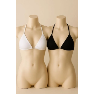 Kadın Siyah Ve Beyaz Minimal Kesim Üçgen Bikini Üstü