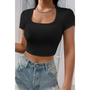 Kadın Siyah Yarım Kol Düz Yaka Crop Top Bluz