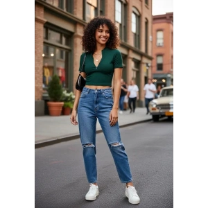 Kadın Yeşil Fermuar Detaylı Modern Kesim Crop Bluz