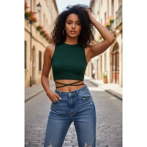 Kadın Yeşil Modern Fit Çapraz Bağlamalı Crop Top Büstiyer
