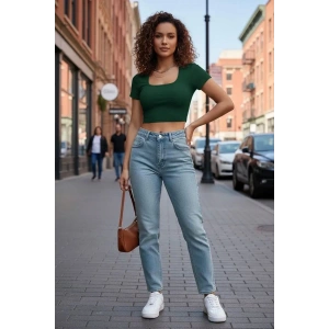 Kadın Yeşil Şık Kesim Yarım Kol Crop Bluz