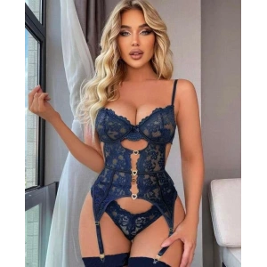 Kalp Aksesuarlı Dantelli Fantezi Mavi Jartiyer Takım