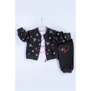Kalp Desenli Hırkalı Pamuklu 3lü Kız Bebek Takımı