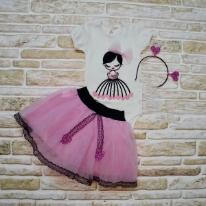 Kalp Kız Nakışlı Taçlı Kısa Kollu Tütü Etek 3lü Kız Bebek Takımı Lila