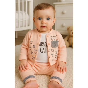 Kedi Desenli 3lü Hırkalı Kız Bebek Takım