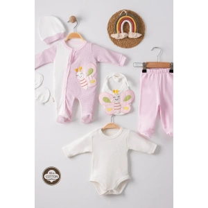 Kelebek Nakışlı Puanlı Tulumlu % 100 Pamuk Kız Bebek 5li Set