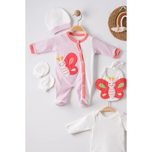 Kelebek Nakışlı Puanlı Tulumlu % 100 Pamuk Kız Bebek 5li Set