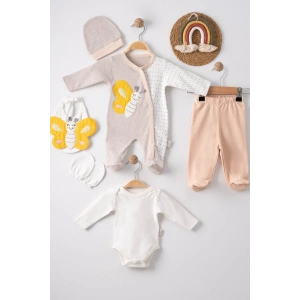 Kelebek Nakışlı Tulumlu % 100 Pamuk Erkek Bebek 5li Set